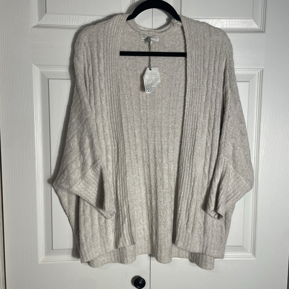 Barefoot Dreams Cozy Chic Lite Cardigan Women L/XL Beige Batwing Cable Knit Open